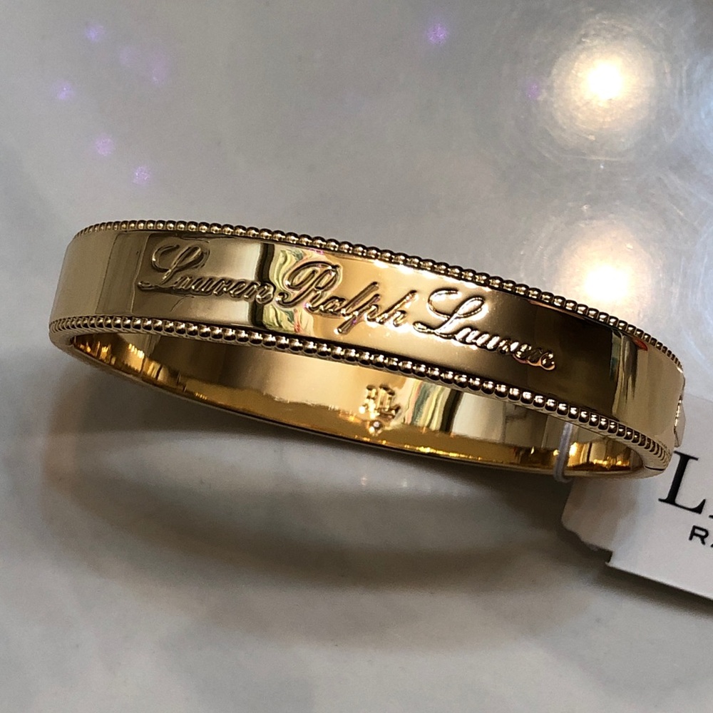 Lauren Ralph Lauren Gold Tone Logo Script Bangle Beaded Edge Detailing NWT